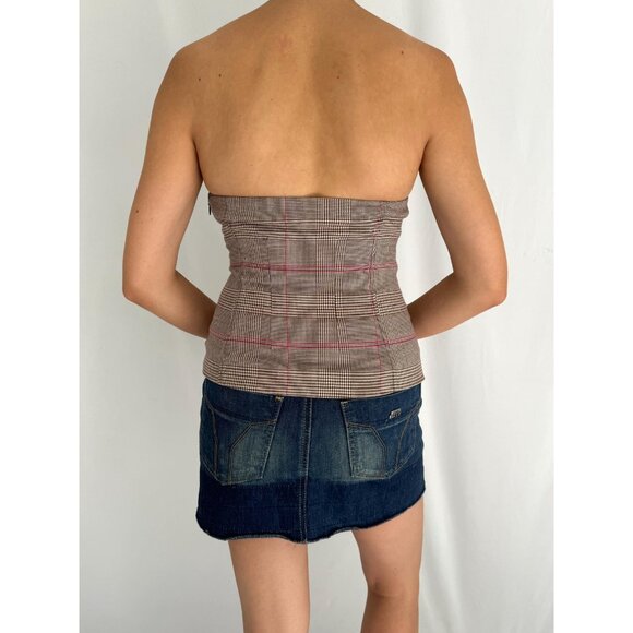 y2k vintage GUESS jeans preppy brown plaid button up strapless tube crop top - Picture 4 of 9